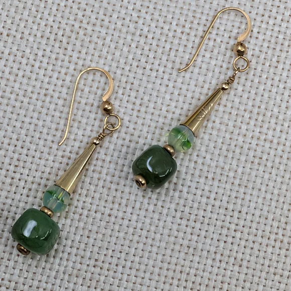 Vintage Handmade Green Glass Dangle Earrings | Boho Drop Style | Lightweight - Picture 6 of 14